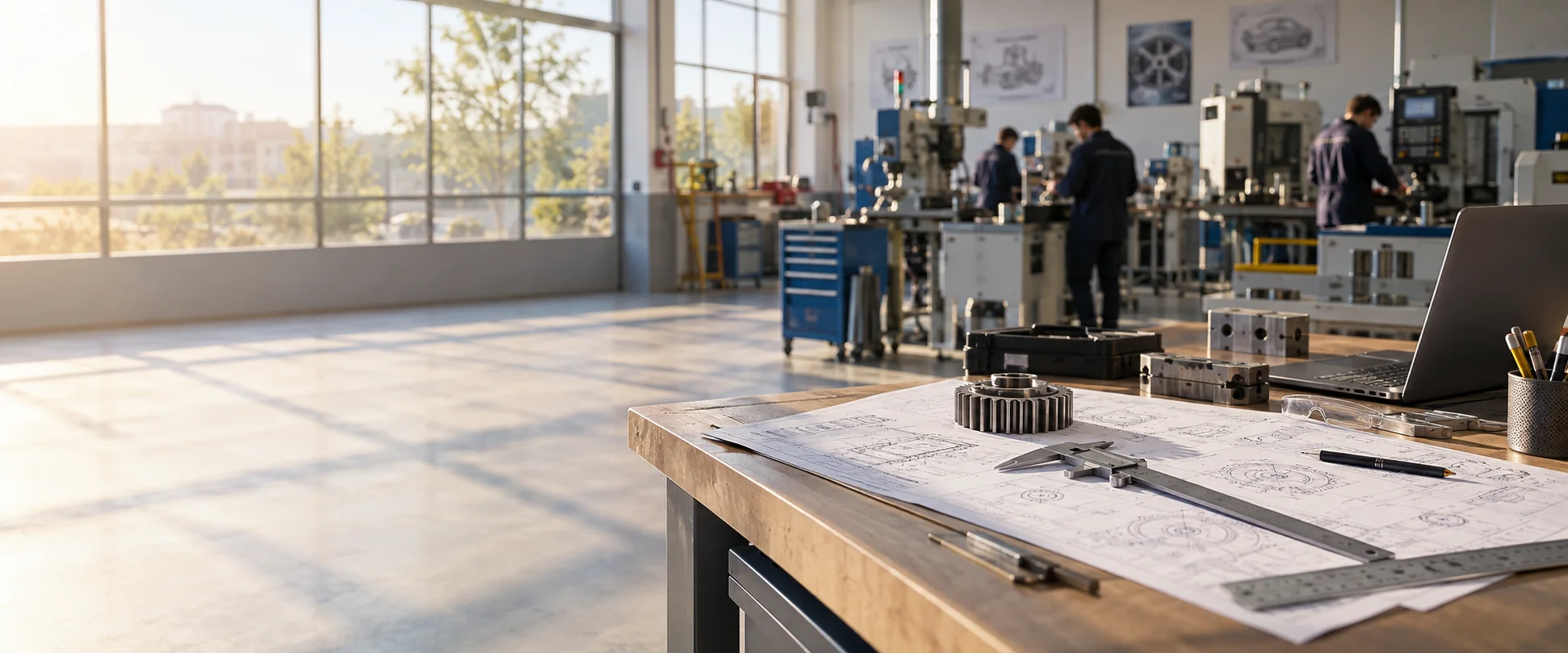 Teknik çizim masası ve üretim ekipmanı bulunan temsili mesleki eğitim atölyesi